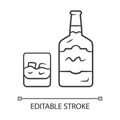 Whiskey linear icon. Bottle and old fashioned glass with drink. Scotch, rum shot. Alcoholic beverage. Brandy. Thin line illustration. Contour symbol. Vector isolated outline drawing. Editable stroke