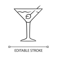 Martini linear icon. Footed glass with drink and olive. Cocktail with gin, vermouth. Tumbler with mixed drink. Thin line illustration. Contour symbol. Vector isolated outline drawing. Editable stroke