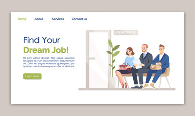 Fototapeta na wymiar Find your dream job landing page vector template. Recruitment website interface idea with flat illustrations. HR agency homepage layout. Employment service web banner, webpage cartoon concept