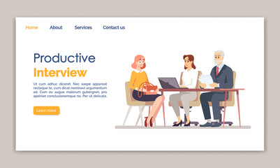 Productive interview landing page vector template. Headhunting, recruitment website interface idea with flat illustrations. Hiring staff homepage layout. HR agency web banner, webpage cartoon concept