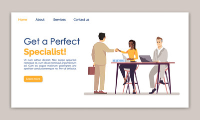 Get a perfect specialist landing page vector template. HR agency website interface idea with flat illustrations. Employment service homepage layout. Staff hiring web banner, webpage cartoon concept