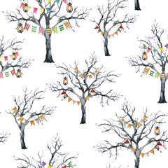 Watercolor halloween seamless pattern with flag garland and black tree. Hand painted holiday template with lantern and wood isolated on white background. Illustration for design, print or background.
