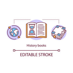 History books concept icon. World historical literature idea thin line illustration. Ancient times, manuscripts, chronological researches. Vector isolated outline drawing. Editable stroke
