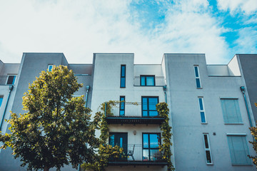 white and grey colored townhouses with green trees in the foreground