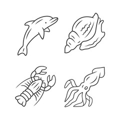 Naklejka premium Ocean animals linear icons set. Dolphin, squid, lobster, triton. Underwater inhabitant. Sea fauna. Aquatic creatures. Thin line contour symbols. Isolated vector outline illustrations. Editable stroke