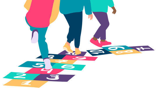 Closeup Of Kids Feet Jumping And Playing Hopscotch In School Yard. Vector Illustration