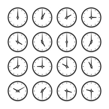 Set of clocks for every hour vector icon set. Isolated illustration on white background