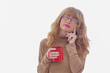 adult woman with coffee cup isolated on white background