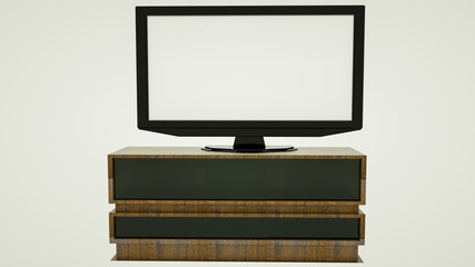 large flat tv on a wooden nightstand. 3d render illustration