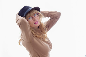 portrait of adult woman with hat isolated on white background