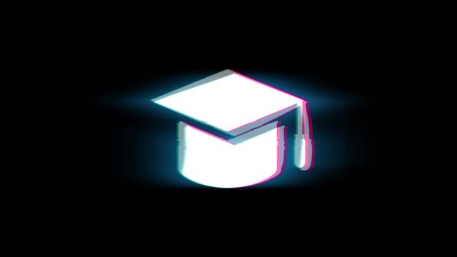 Education, Graduation cap, University hat Symbol on Glitch Led Screen Retro Vintage Display Animation 4K Animation Seamless Loop Alpha Channel.