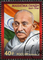 RUSSIA - 2019: shows portrait of Mohandas Karamchand Gandhi (1869-1948) - obrazy, fototapety, plakaty
