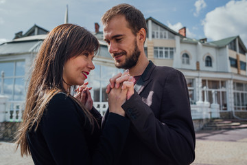 Happy together. Couple in love walking having fun. Man bearded hipster and pretty woman in love. Loving heart is truest wisdom. Summer vacation. Fall in love. Happy valentines day. summer vibes. 