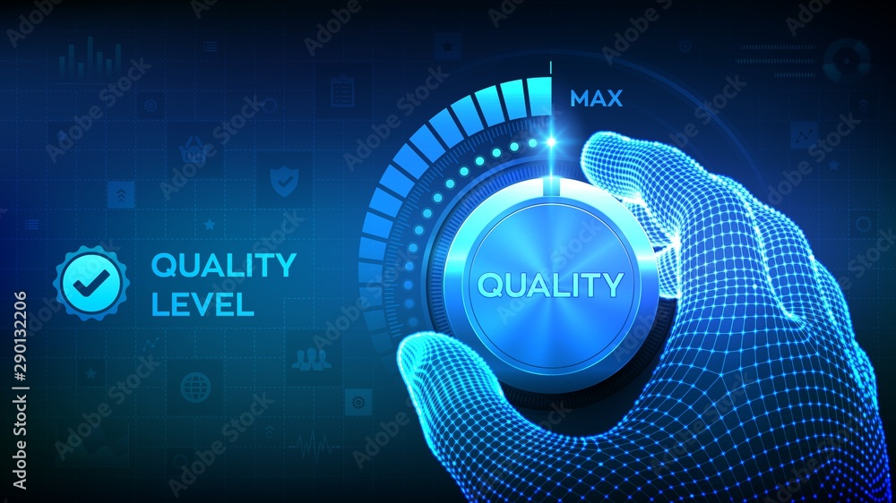 Wall mural quality levels knob button. wireframe hand turning a quality level knob to the maximum position. qua
