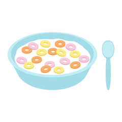 Plate with milk, yogurt and crispy balls. Breakfast, morning food. Vector illustration on white background