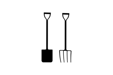 Vector illustration of a pitchfork and shovel. Gardening tools silhouettes.