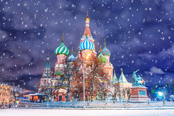 Saint Basil's Cathedral in Red Square in winter at night, Moscow, Russia.