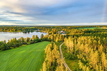 Fototapeta na wymiar Drone photo, evening sun over summer pine tree forest,green wheat field, very clear skies and clean rainbow colors. Scandinavian nature are illuminated by evening sun.