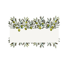 Watercolor illustration frame of olive branches with green fruits hand-drawn with watercolor paints. Suitable for all types of design.