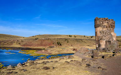 Landscape of Sillustani,  a pre-Incan burial ground on the shores of Lake Umayo near Puno in Peru