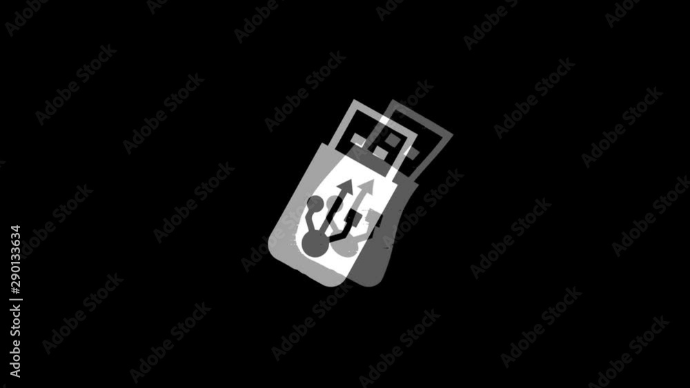Poster usb flash drive icon old vintage twitched bad signal screen effect 4k animation. twitch, noise, glit