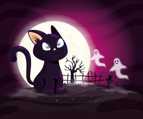 cat with ghosts mysteries in halloween scene