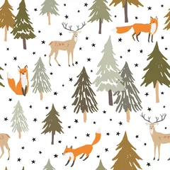  Kerst naadloze patroon, witte achtergrond met sterren. Bosherten, vossen, sparren, sparren. Vector illustratie. Natuur ontwerp. Seizoens groet. Winter kerstvakantie. Schattige bosdieren © ojardin