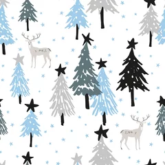 Wallpaper murals Christmas motifs Christmas seamless pattern, white background with stars. Forest deer, fir, spruce trees. Vector illustration. Nature design. Season greeting. Winter Xmas holidays. Cute woodland animals