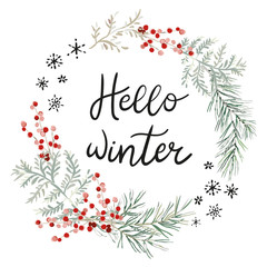 Xmas wreath with text Hello Winter, white background. Green pine twigs, fern, red berries, snowflakes. Vector illustration. Nature design. Greeting card, poster template. Christmas holidays © ojardin