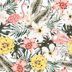 Flamingo, Hibiskus, Orchideenblüten, Monstera-Palmenblätter, weißer Hintergrund. Vektor nahtlose Blumenmuster. Tropische Abbildung. Exotische Pflanzen, Vögel. Sommerstranddesign. Paradies Natur