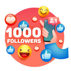 1000 Followers congratulations card template with human hand holding smartphone