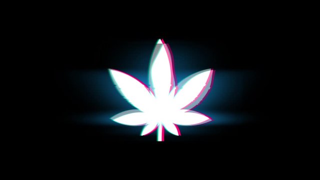 Marijuana Leaf Symbol on Glitch Led Screen Retro Vintage Display Animation 4K Animation Seamless Loop Alpha Channel.