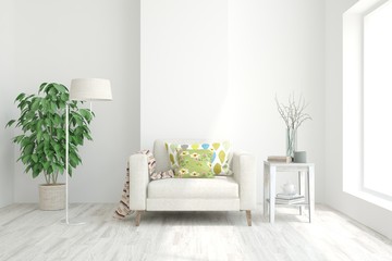 Stylish room in white color with armchair. Scandinavian interior design. 3D illustration