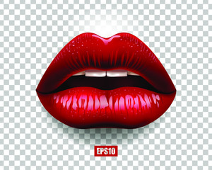 Sexy red lips isolated on transparent background. 3D design. Vector illustration.