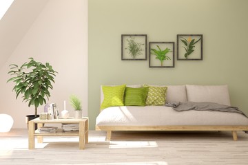 Stylish room in white color with sofa. Scandinavian interior design. 3D illustration