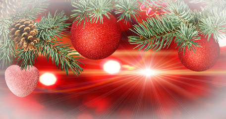 christmas ball hanging on ribbon and christmas tree.Holiday bokeh. Abstract  background