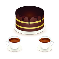 Chocolate cake two cup of coffee. White cup brown cake on white. Design element stock vector illustration for web, for print, for restaurant menu, for caffe