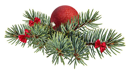 Naklejka na ściany i meble christmas ball hanging on ribbon and christmas tree isolated on white