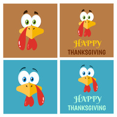 Thanksgiving Turkey Bird Face Flat Label Set 2. Vector Collection With Background