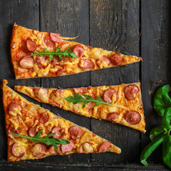 pizza sausages, cheese, tomato sauce and other ingredients - concept. food background. copy space