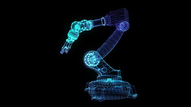 Industrial robot. Glow points and line formation of 3d robot hand. Rotating. Seamless loop 4k animation. Digital technology visualization of 3d.