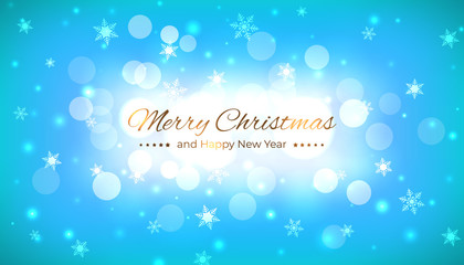 Merry christmas vector illustration. Design template with festive blue background. Happy new year greeting card. Snowflakes and bokeh christmas background. Vector holiday illustration