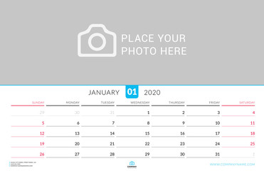 January 2020. Wall calendar planner with place for photo. Vector design print template. Week starts on Sunday. Landscape orientation