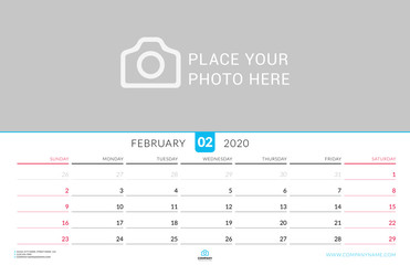 February 2020. Wall calendar planner with place for photo. Vector design print template. Week starts on Sunday. Landscape orientation