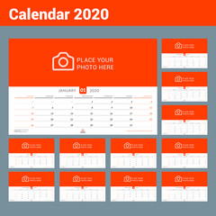 Calendar 2020. Wall calendar planner with place for photo. Vector design print template. Week starts on Sunday. Landscape orientation, Set of 12 months