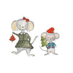 Watercolor illustration of the symbol of the new year Cute mouse boy and girl painted by hand with watercolor paints and is perfect for all types of design.