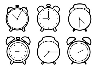 Set of alarm clock icons, black outline design. Vector illustration