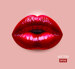 Red sexy female lips isolated on a nude background, an air kiss, beautiful lips, beauty, red lipstick, cosmetics. 3D effect. VectorEPS10