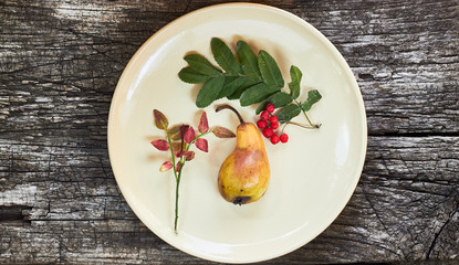 Autumn abstract still life from natural fall fruit and berry: pear, rowan and pink twig of blueberry plant on a round plate on old rustic wooden background, flat lay, from above topview, copy  space