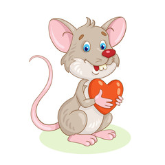 Cheerful little mouse with a red heart in his hands. In cartoon style. Isolated on a white background.